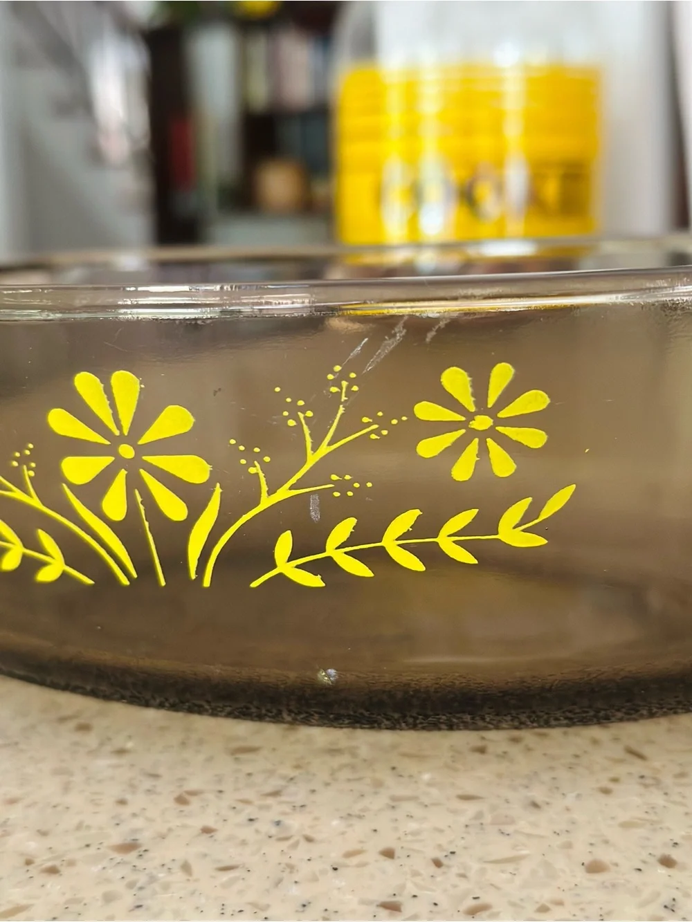 Vintage yellow daisy and smoked amber casserole dish